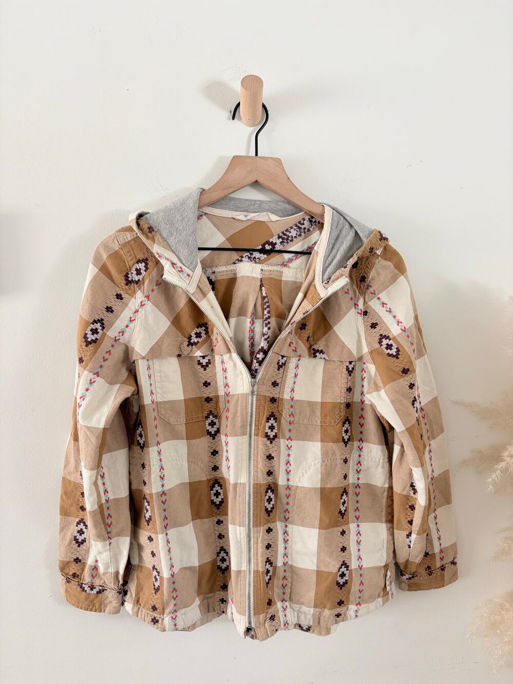 Woolrich Harrington Plaid Aztec Jacket Medium Tan Lightweight Zip Up